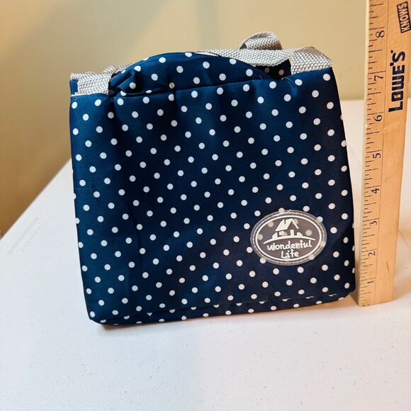 Small Blue Polka Dot Insulated Lunch Bag With Handles & Zipper Closure - Picture 5 of 11